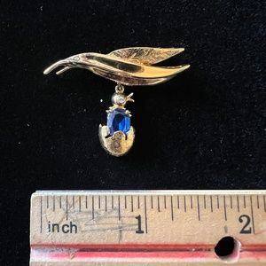 Vintage Gold tone Bird Brooch with dangling hatching egg